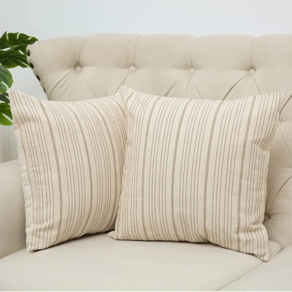 Luxury Home | Modern Farmhouse Beige Textured Linen Striped Throw Pillow Covers